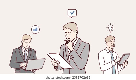 People holding tablet PC, paper documents set. Happy employee characters, experts, advisors with pads in hands. Business men. Hand drawn style vector design illustrations.