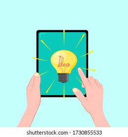 People holding tablets and light bulbs.Concept. Discover ideas vector