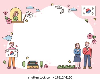 People are holding Taegeukgi and cute icons are decorated around them. flat design style minimal vector illustration.