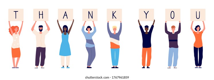 People Holding Thank You. Woman Man Standing With Plates Letters. Isolated International Crowd Thanks Doctors Paramedics Police And Other Vector Illustration