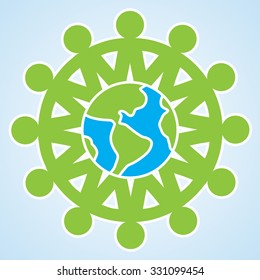 The people are holding their hands to each other around the planet Earth. vector unity eco icon isolated illustration element