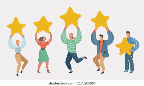 Pessoas segurando em suas mãos estrelas douradas. Homens e mulheres avaliam serviços e experiência do usuário. Júris classificação na competição. Quatro estrelas avaliação positiva ou bom feedback. Ilustração de desenhos animados vetoriais