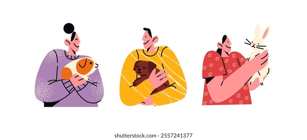 People  holding their pets. Owners of pets: dog, guinea pig, rabbit, hare. Concepts of veterinary pet shop and love for animals
