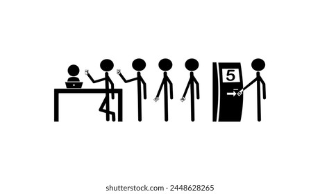  Personen mit Ticket mit Warteschlangennummer, schwarze isolierte Silhouette