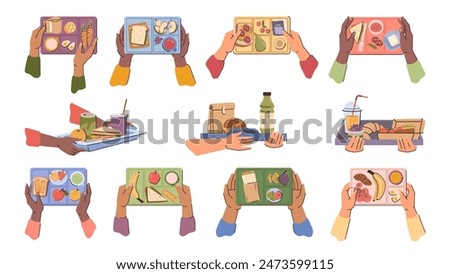 People holding trays with lunch. Vector isolated hands with food and meal for break. Tasty and nutritious dishes, snacks and hamburgers, juice and healthy fresh fruits and vegetables for dieting