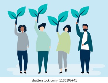 People holding tree icons to raise environmental awareness
