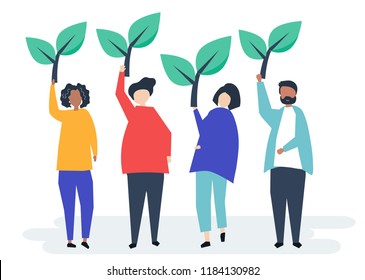 People holding tree icons to raise environmental awareness