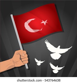 People holding Turkish flag, white pigeons, vector drawing