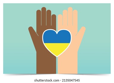 People Holding Ukraine Flag In Heart Shape, Stop War For World Peace, Ban And Boycott, Save Ukraine, Vector Illustration Design Concept In Postcard Template