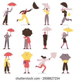 People holding umbrella. Male and female fall characters with umbrellas, rainy day stroll vector illustration set. Cartoon people walking under umbrella. Characters in scarf, coat and hat