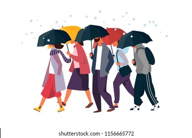 People holding umbrella, walking under the rain. Autumn fall weather season, rainy day. Man and woman characters vector illustration.