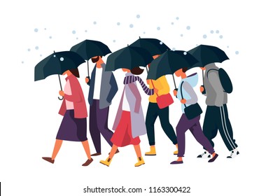 People Holding Umbrella, Walking Under The Rain. Autumn Fall Weather Season, Rainy Day. Man And Woman Characters Vector Illustration.