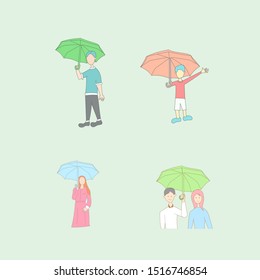 people holding umbrella, young man, kids, woman, and couple