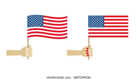 People holding USA flags in hands. Icons, design elements for american national holidays, 4th of july, memorial day, national flag day.
