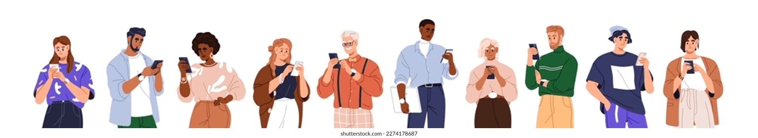 People holding, using mobile phones set. Characters with smartphones in hands. Men, women use cellphones, surfing internet, chatting. Flat graphic vector illustrations isolated on white background - Shutterstock ID 2274178687