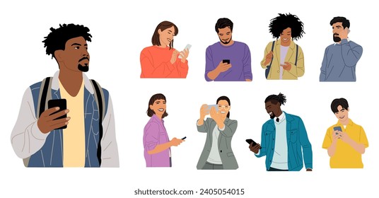 People holding, using mobile phones vector set.