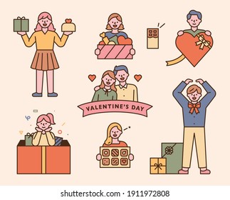 People holding Valentine's Day gifts. Gift concept character icon. flat design style minimal vector illustration.