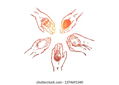 People holding various easter eggs in hands, decorated pysanka in palms, paschal tradition, togetherness. Spring religious holiday celebration concept sketch. Hand drawn vector illustration