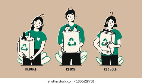 People are holding various rubbish in containers, trash bins or dumpsters. Cute funny characters. Sorting, Recycling, zero waste, go green concept. Hand drawn Vector illustration