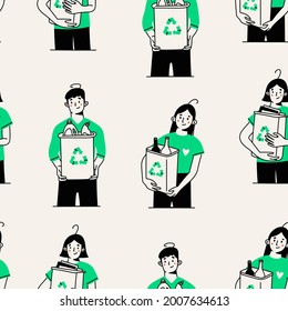 People are holding various rubbish in containers, trash bins or dumpsters. Cute funny characters. Sorting, Recycling, zero waste, care about the environment concept. Hand drawn Vector seamless Pattern