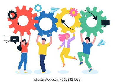 People holding vibrant cogwheel gear mechanism. Vector flat cartoon illustration. Concept of solutions and cooperation for business goals. Collaboration, partnership strategy concept