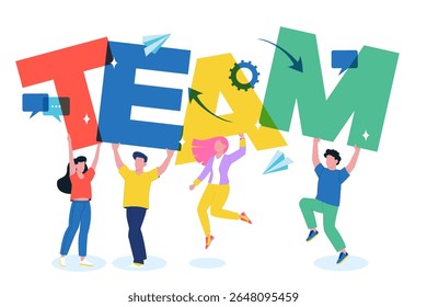 People holding vibrant letters, spelling word team. Vector flat cartoon illustration. Concept of teamwork, unity, collaboration, corporate success, and group support in business or office environment