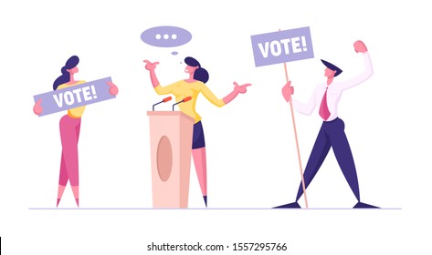 People Holding Vote Banners for Woman Speaker Candidate. Characters Law-abiding Citizen, City Dwellers Execute their Rights and Duties in Political Life of Country. Cartoon Flat Vector Illustration