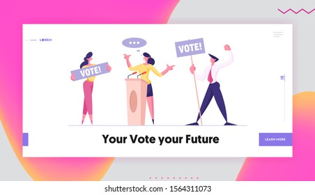 People Holding Vote Banners for Woman Speaker Candidate Website Landing Page. City Dwellers Execute their Rights and Duties in Political Country Life Web Page Banner. Cartoon Flat Vector Illustration