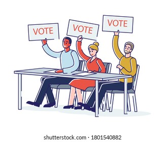 People holding vote signs. Human opinion poll and election concept. Cartoon characters mix race voters with inscription to vote during election or service survey. Linear vector illustration