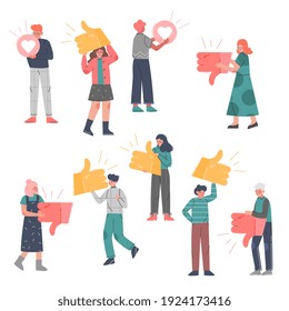 People Holding Vote Signs Set, Followers Giving Like or Dislike Notification Expressing Sign to Agreement or Disagreement to Blogger or Post, Social Media Networking Vector Illustration