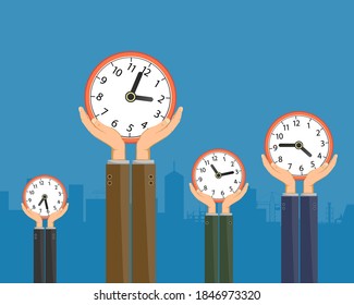 La gente está sosteniendo el reloj de la pared en sus manos. Concepto de gestión del tiempo. Ilustración del vector