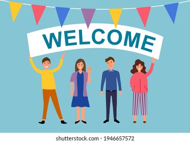 People holding a welcome sign in flat design. Colorful characters welcoming concept.