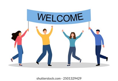 People holding a welcome sign in flat design. Colorful characters welcoming concept.