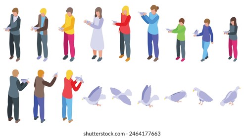 People holding white dove vector. A group of people are holding birds in their hands. The birds are of different sizes and colors