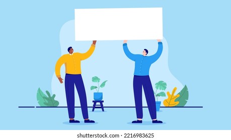 People holding white empty sign - Two business men with blank text field in hands smiling and being positive. Flat design cartoon vector illustration with white background