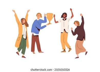 People holding winners cup, celebrate victory. Happy team with trophy. Champions and gold goblet award. Achievement and triumph concept. Flat graphic vector illustration isolated on white background