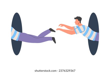 People in hole concept. Man with teleportation and separation. Portal split young guy. Sticker for social networks. Cartoon flat vector illustration isolated on white background