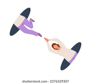 People in hole concept. Woman with teleportation and separation. Young girl in metaverse and virtual reality. Template and layout. Cartoon flat vector illustration isolated on white background