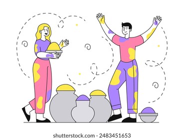 People with holi festival. Man and woman with colorful paints at clothes. Traditional indian holiday and festival. Religion and traditions. Linear flat vector illustration isolated on white background