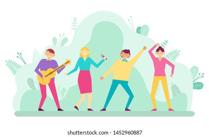 People at holiday vector, man and woman playing guitar and singing songs. Performance with dancers and vocalist, concert and fun pastime, leisure in park