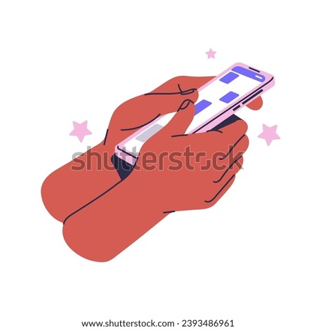People hols smartphone in hand, communicate in online chat. User sends message in messenger app. Person texting in mobile phone. Internet communication. Flat isolated vector illustration on white