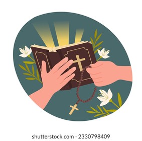 People with holy bible concept. Holy book and cross on rope, religion and spirituality. Life foundation and knowledges. Faith and belief, wisdom and truth. Cartoon flat vector illustration