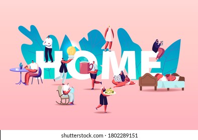 People at Home Concept. Male Female Characters Eating, Cooking Food, Read Books and Making Favorite Hobbies, Playing with Kids, Spend Time with Family. Poster Banner Flyer Cartoon Vector Illustration