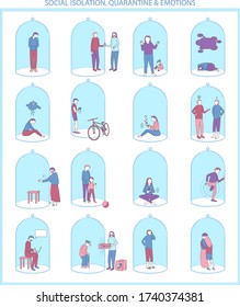 People at home during quarantine. Social isolation and emotions. Sad, angry and crying people. Embrace and comforting. Depression, hope and expectations. Set ot flat simple vector illustrations.