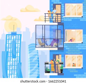 People at home, enjoying city view from modern apartments in skyscraper, vector illustration. Friends and business partners on balcony, kids look out window. Life in modern metropolis, city apartment