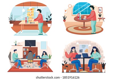 People at home, family members talking together in the room. Home livingroom with cozy interior. Characters man and woman communicating, discuss their issues, playing board games scenes set