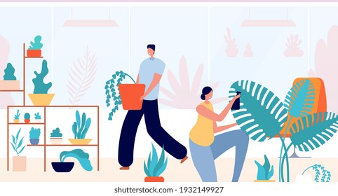 People in home garden. Woman planting, relax in green interior. Happy couple care flower, family botanical hobby utter vector illustration