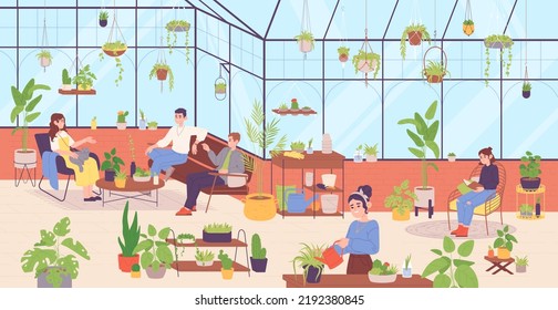 People at home greenhouse. Friends carefree time at hygge home garden, woman relax interior florist cafe sprout plant flowerpot houseplant greenery room, garish vector illustration of greenhouse