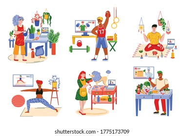 People at home and hobby activities - isolated set of men and women in quarantine cooking, doing sport exercises, etc. on white background. Vector illustration.