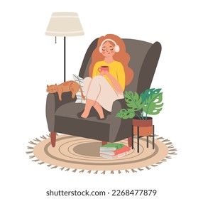 People home hobby, girl sit in chair with cat and cup. Vector of woman at home, character sit in chair, comfortable armchair illustration